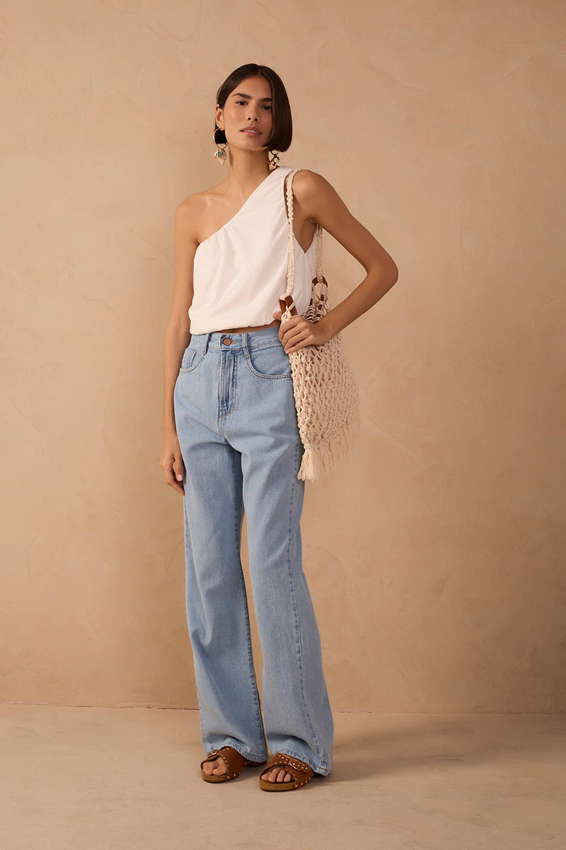 Light Denim Belt Loops Pockets Flare Pants_1