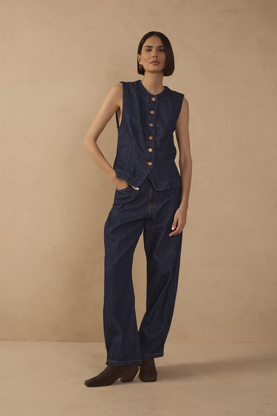 Denim Pleated Belt Loops Balloon Pants_1