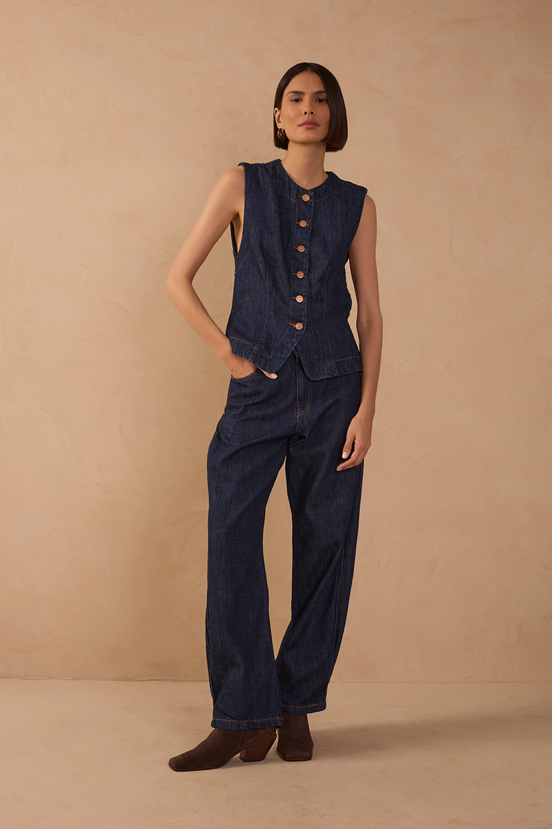 Denim Pleated Belt Loops Balloon Pants_1