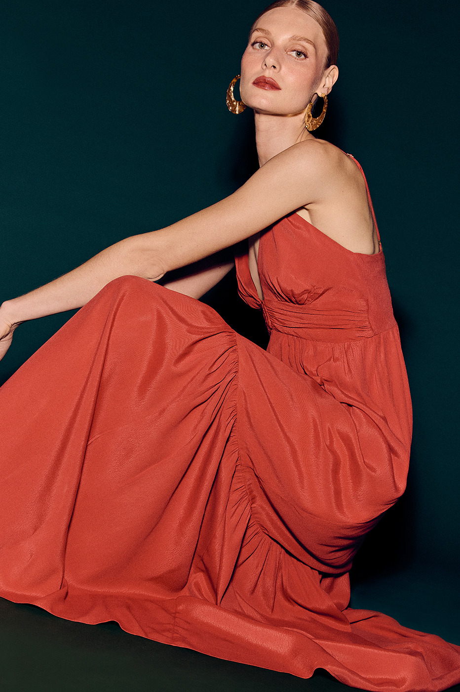 Red Tiered Sleeveless Crepe Maxi Dress in Red