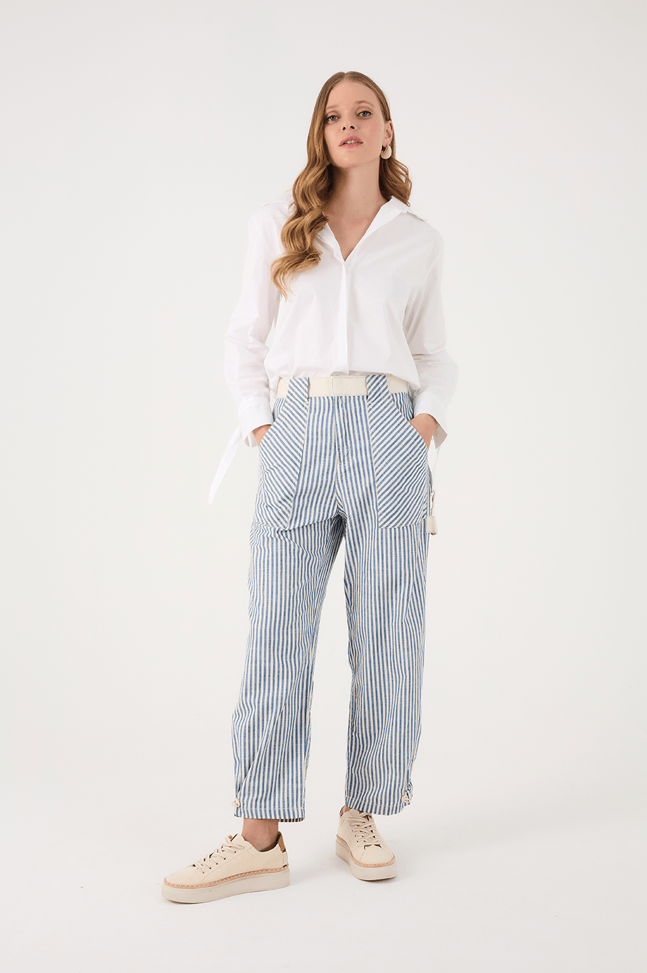 Blue Stripes Pockets Tailored Twill Pants