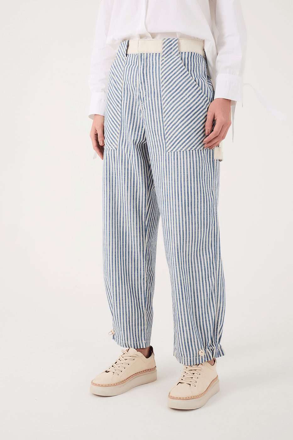 Blue Stripes Pockets Tailored Twill Pants