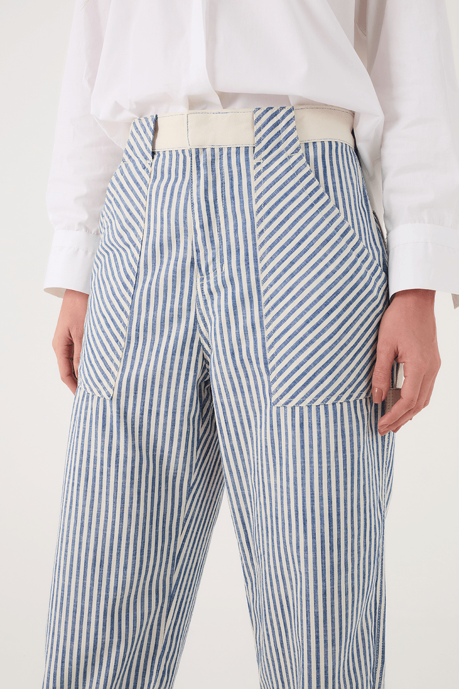 Blue Stripes Pockets Tailored Twill Pants