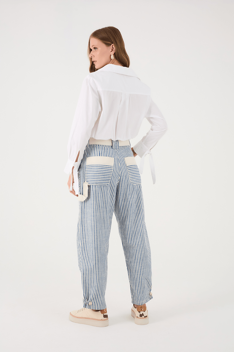 Blue Stripes Pockets Tailored Twill Pants