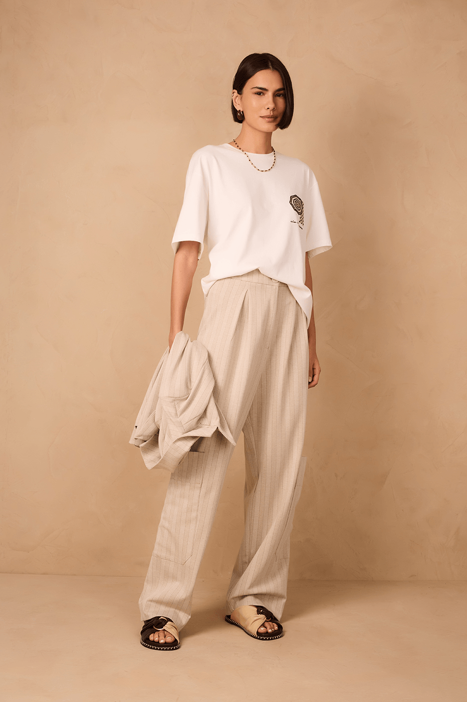 Beige Stripes Leg Pockets Tailored Pants