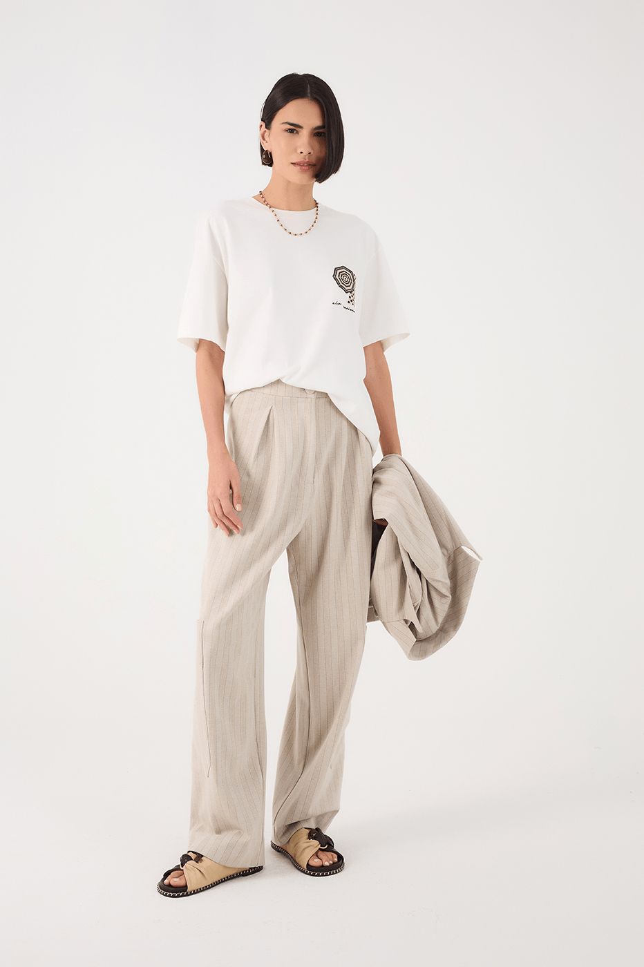 Beige Stripes Leg Pockets Tailored Pants