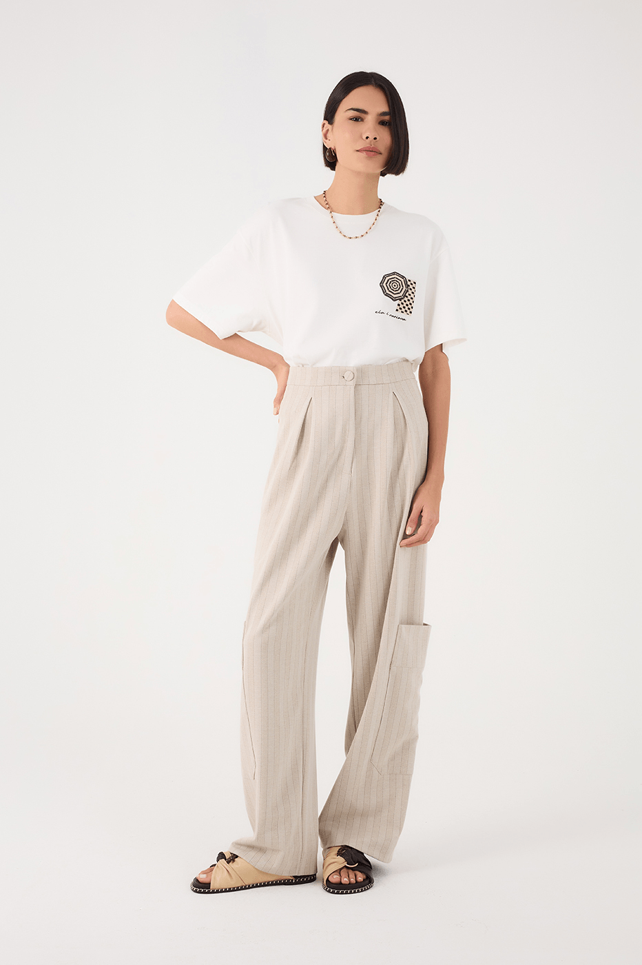 Beige Stripes Leg Pockets Tailored Pants