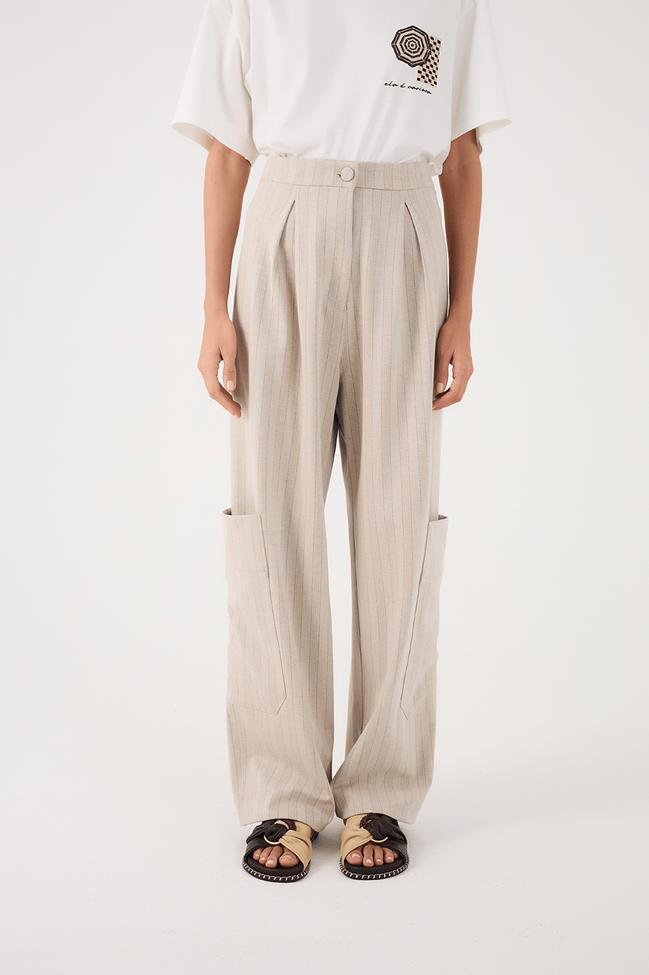 Beige Stripes Leg Pockets Tailored Pants