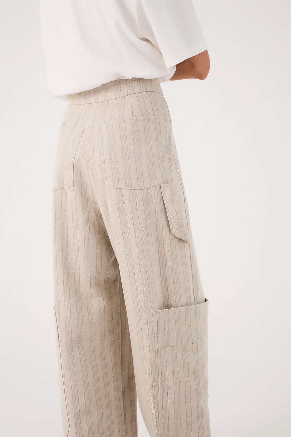 Beige Stripes Leg Pockets Tailored Pants