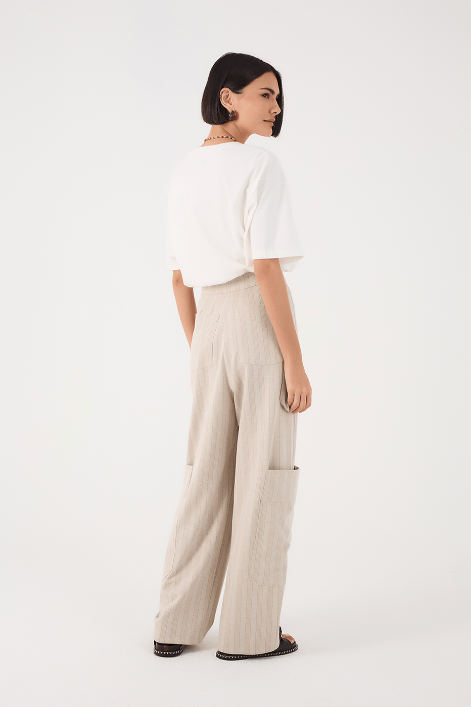 Beige Stripes Leg Pockets Tailored Pants