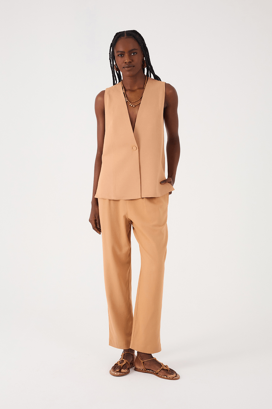 Beige Side Pockets Carrot Linen Pants