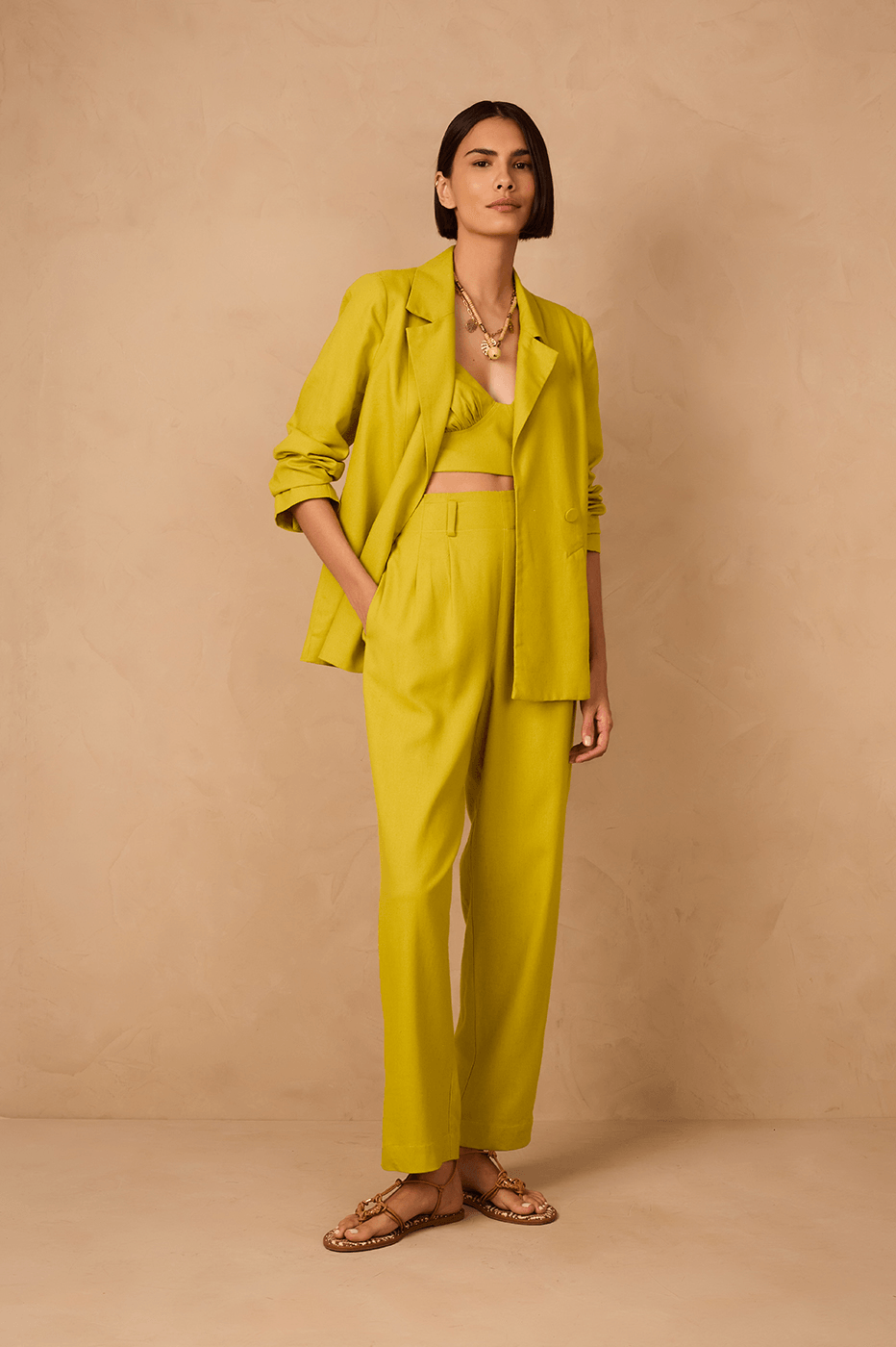 Green Urca Side Pockets Carrot Linen Pants