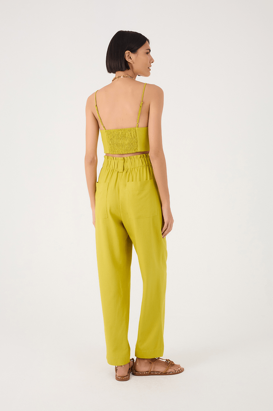 Green Urca Side Pockets Carrot Linen Pants