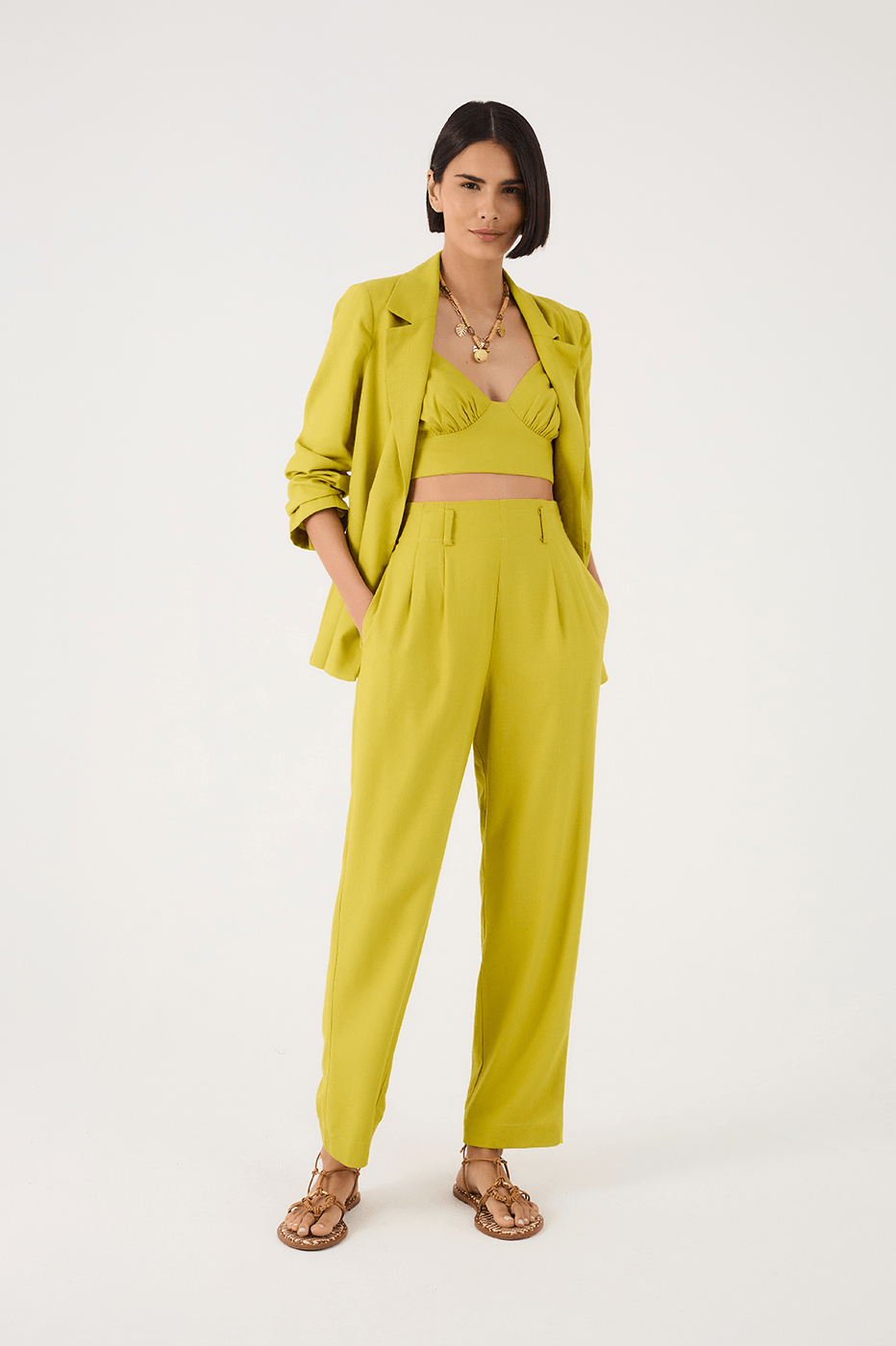 Green Urca Side Pockets Carrot Linen Pants