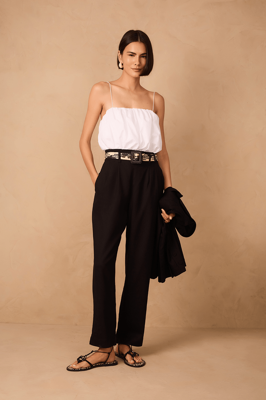 Black Side Pockets Carrot Linen Pants