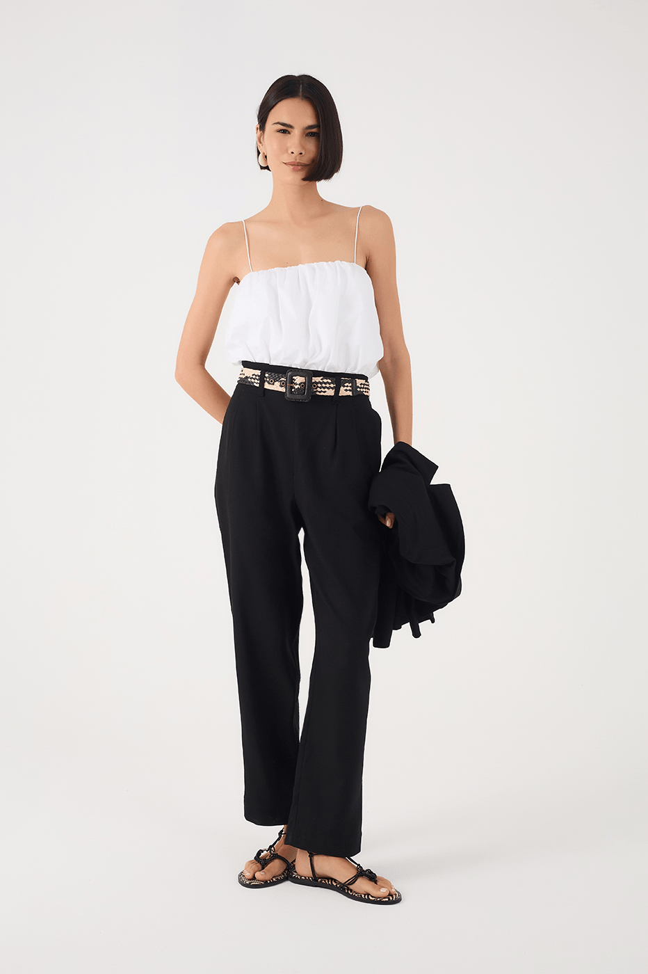 Black Side Pockets Carrot Linen Pants
