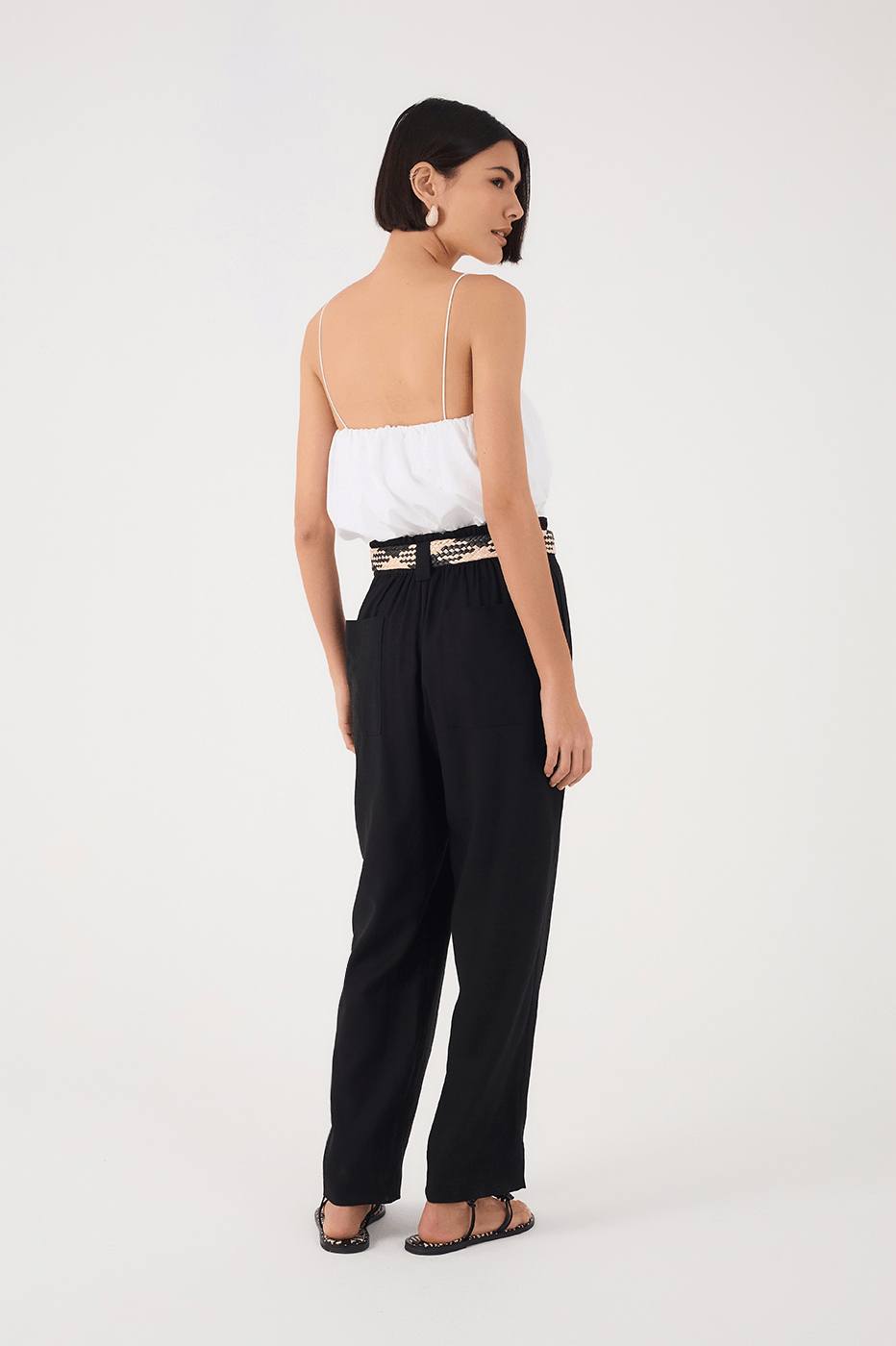 Black Side Pockets Carrot Linen Pants