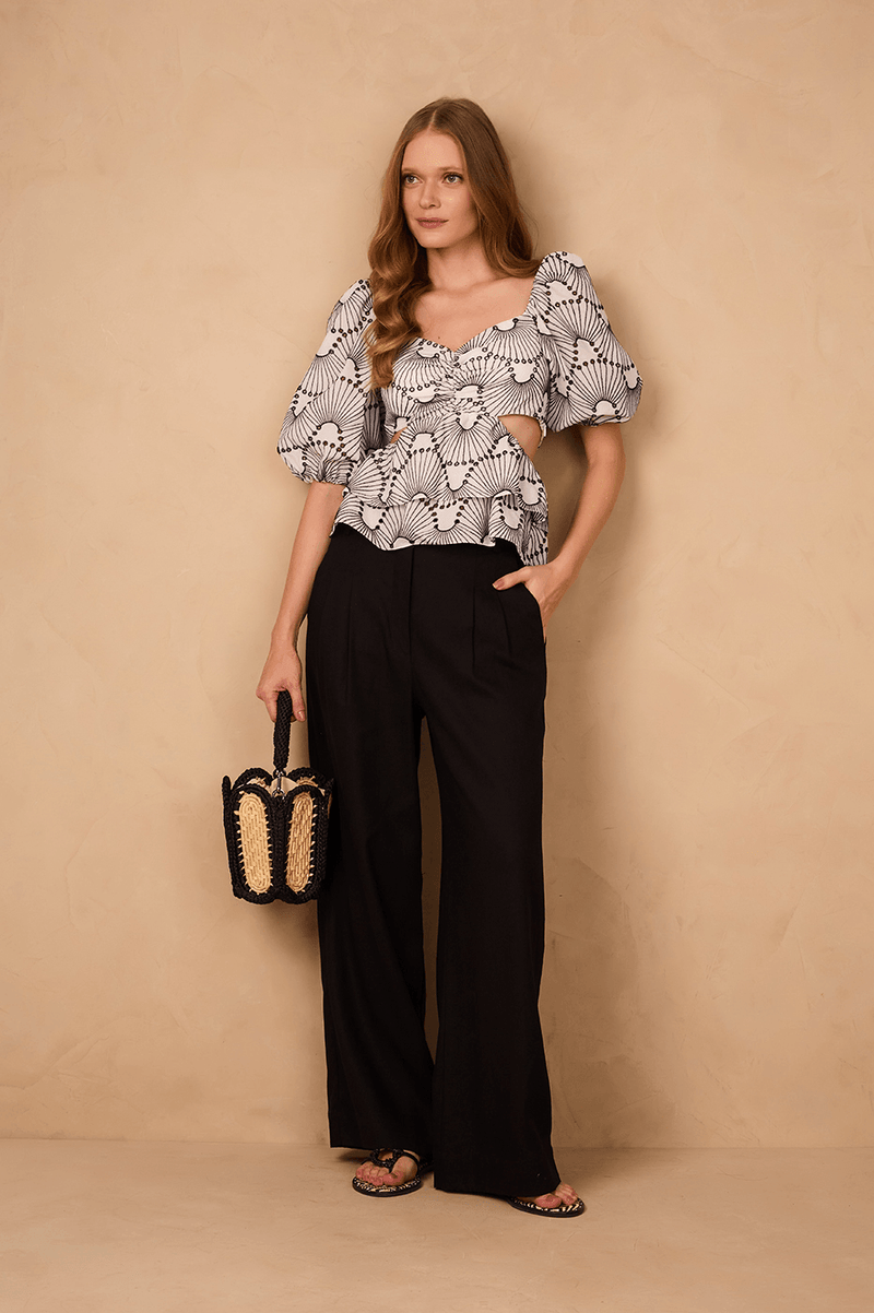 Black Side Pockets Belt Loops Linen Pants_1
