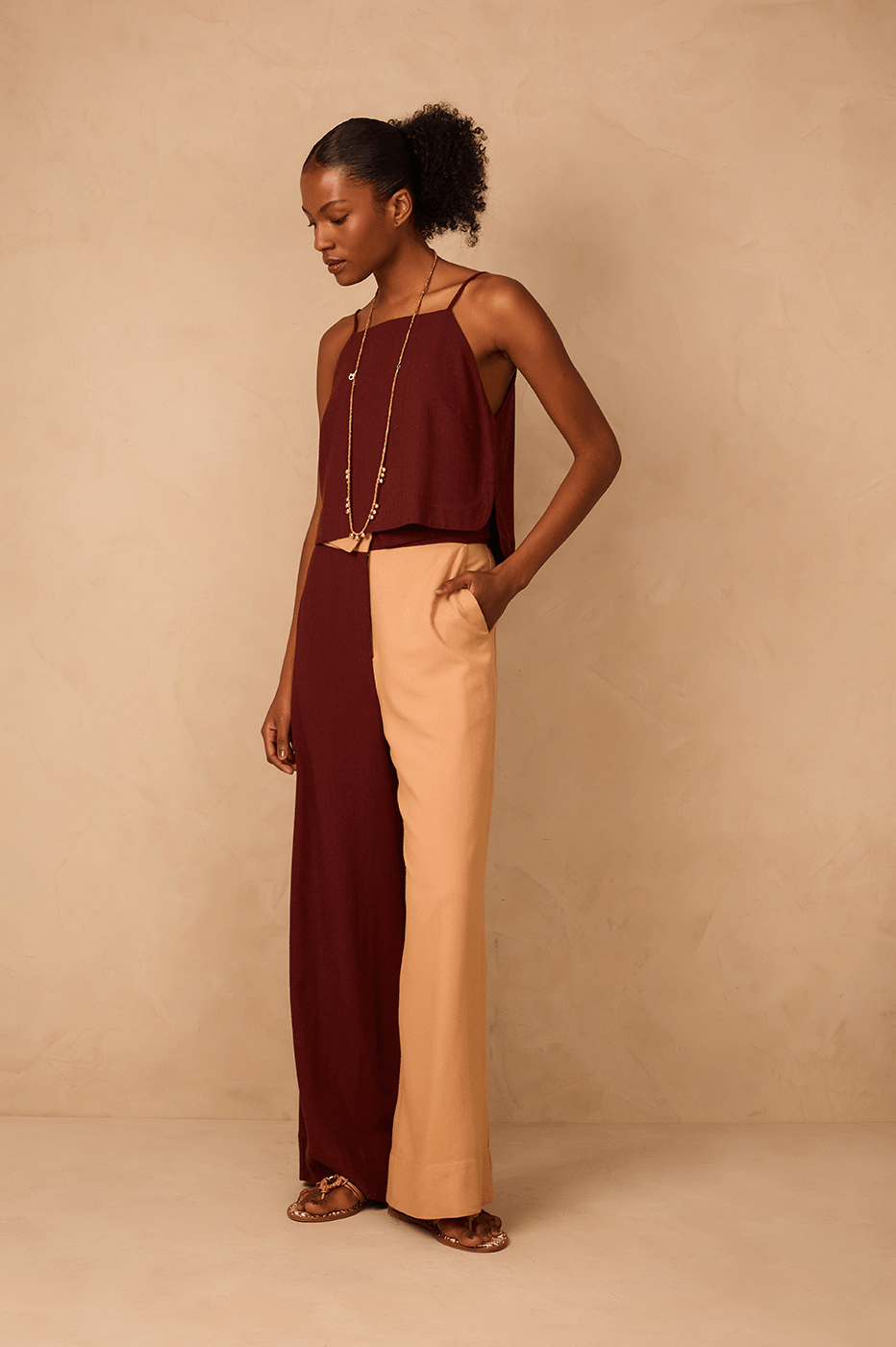 Brown And Beige Side Pockets Linen Pants