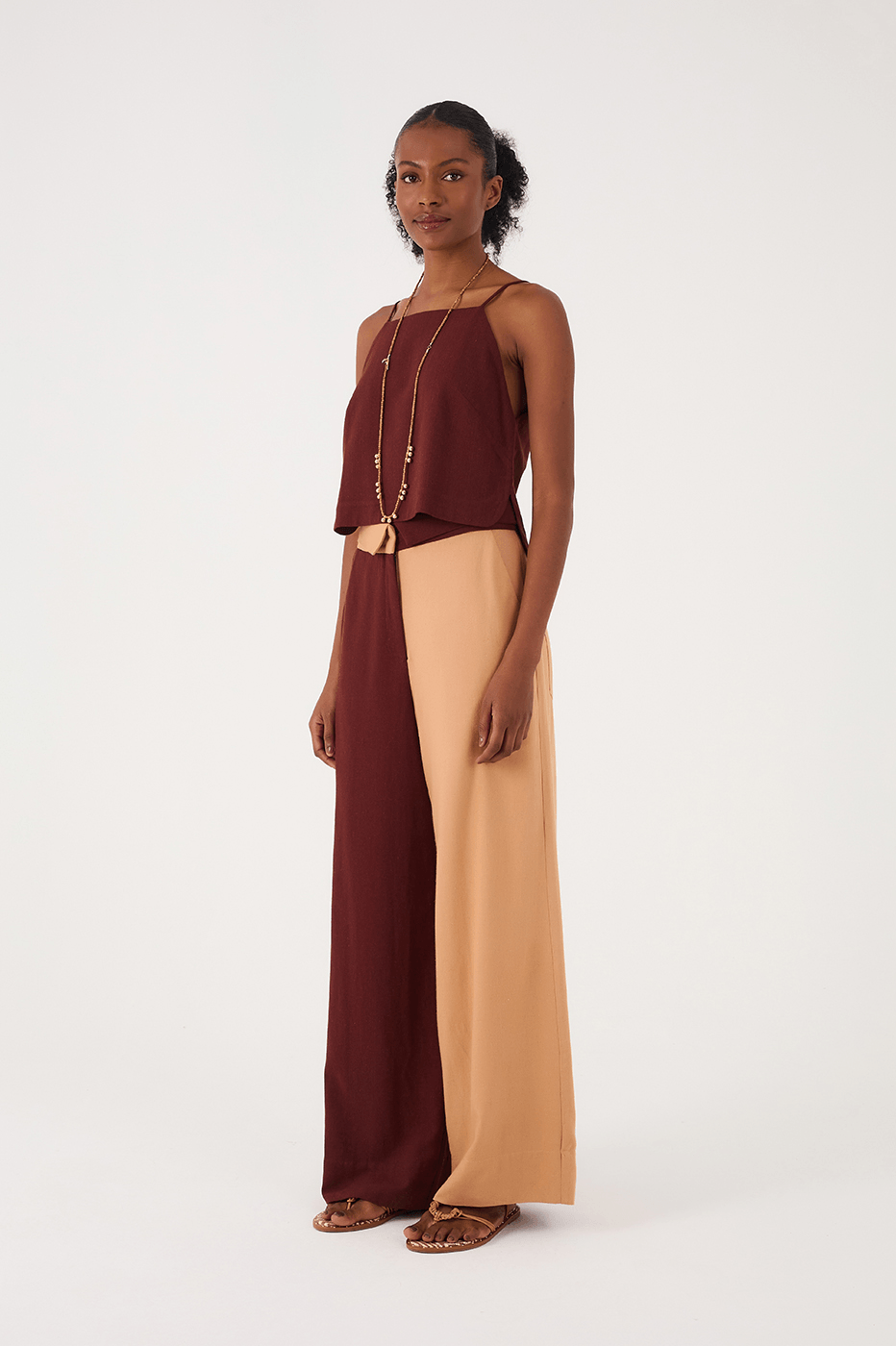 Brown And Beige Side Pockets Linen Pants