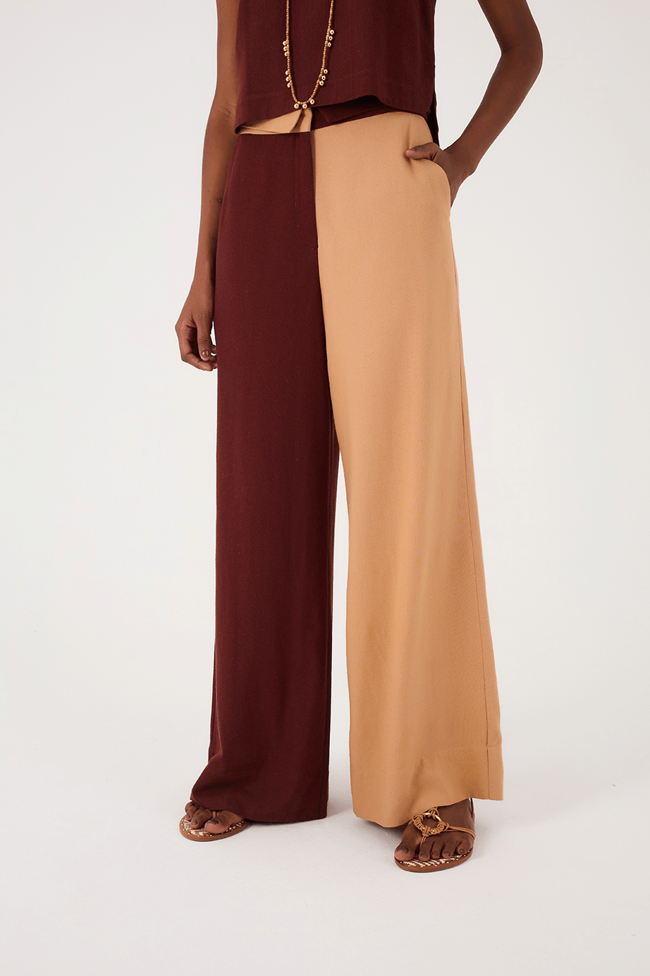 Brown And Beige Side Pockets Linen Pants