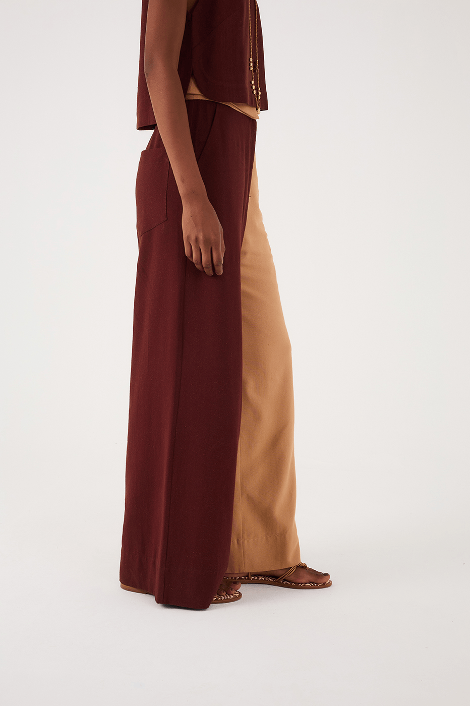Brown And Beige Side Pockets Linen Pants
