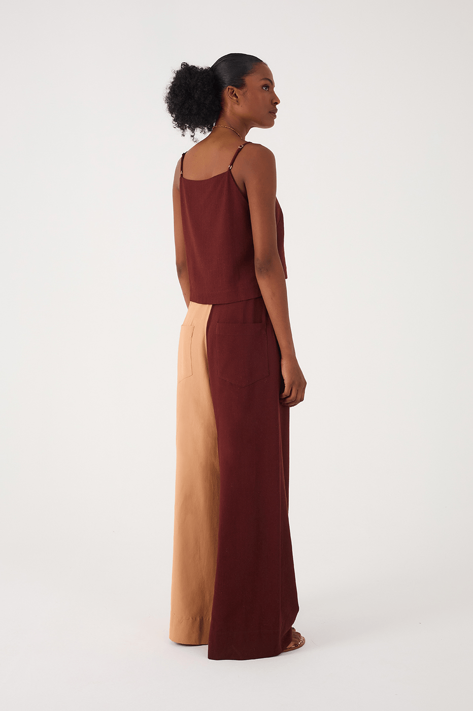 Brown And Beige Side Pockets Linen Pants