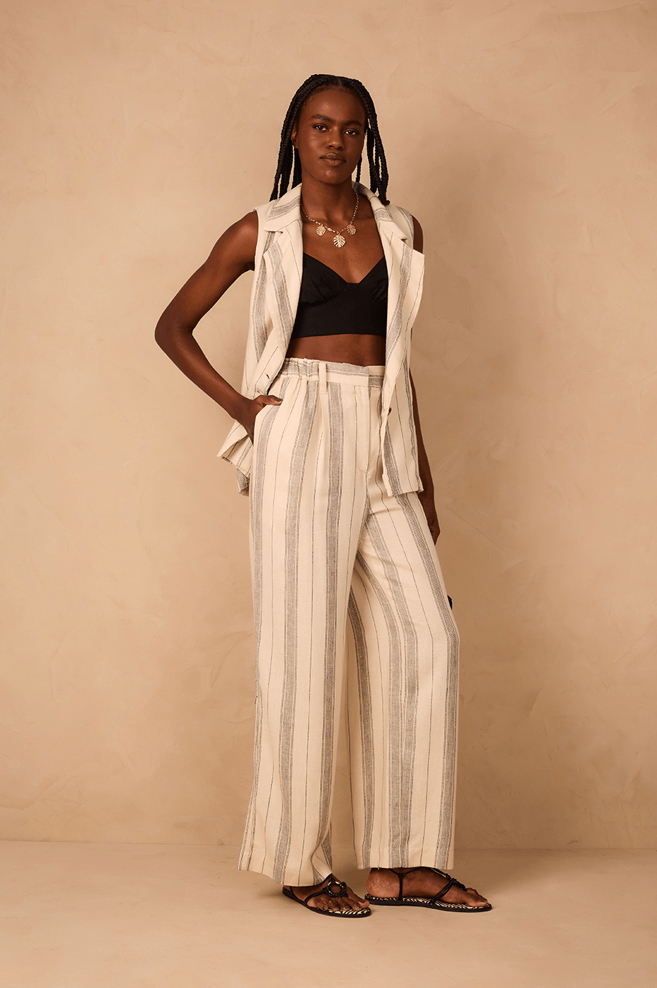 Sand Stripes Elastic Waist Side Pockets Linen Pants