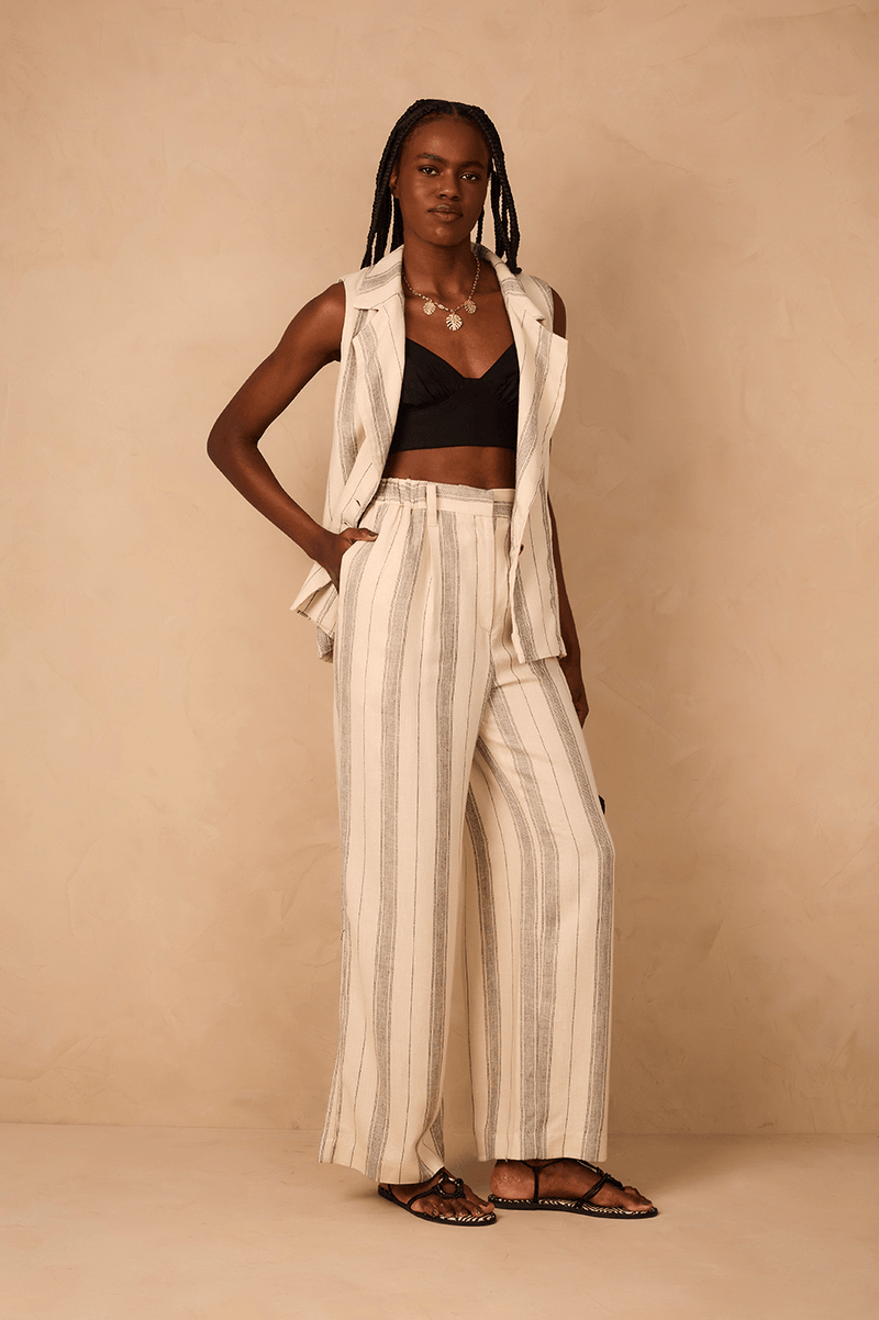 Sand Stripes Elastic Waist Side Pockets Linen Pants_1