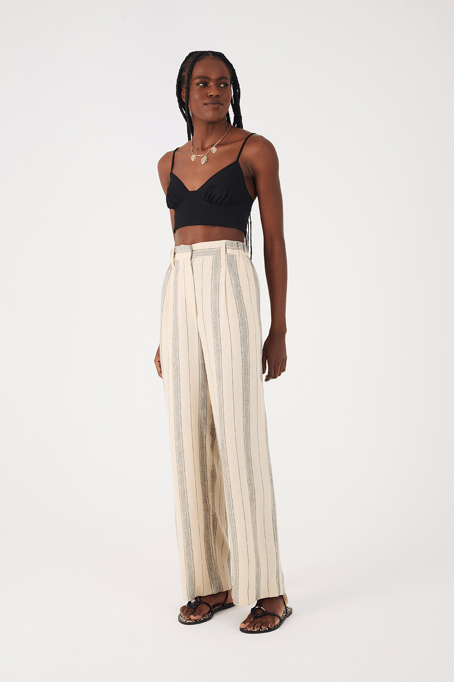 Sand Stripes Elastic Waist Side Pockets Linen Pants
