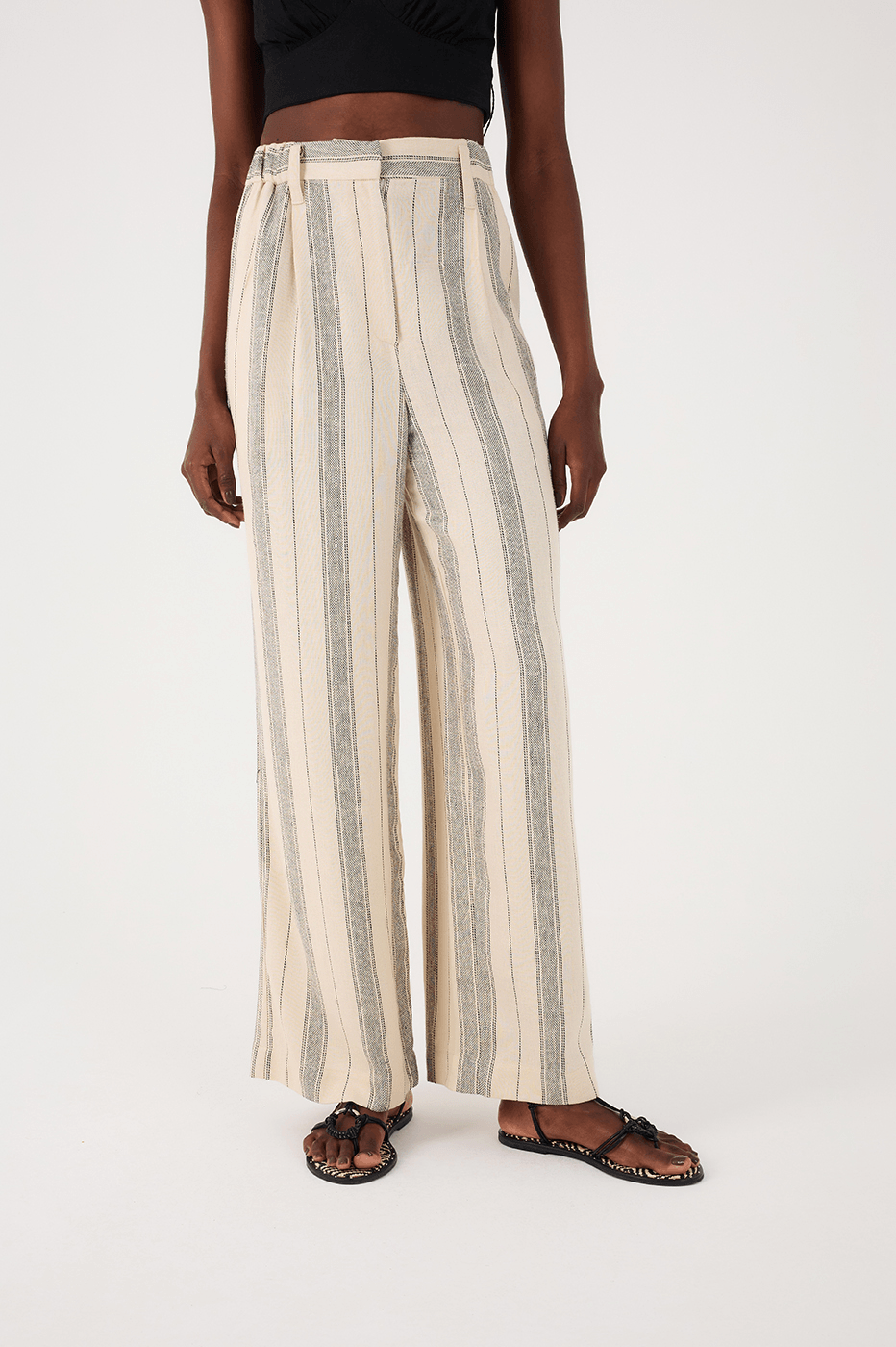 Sand Stripes Elastic Waist Side Pockets Linen Pants