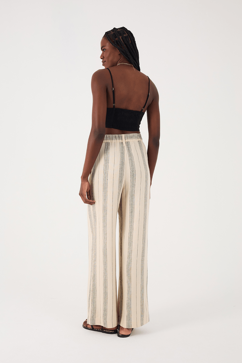 Sand Stripes Elastic Waist Side Pockets Linen Pants