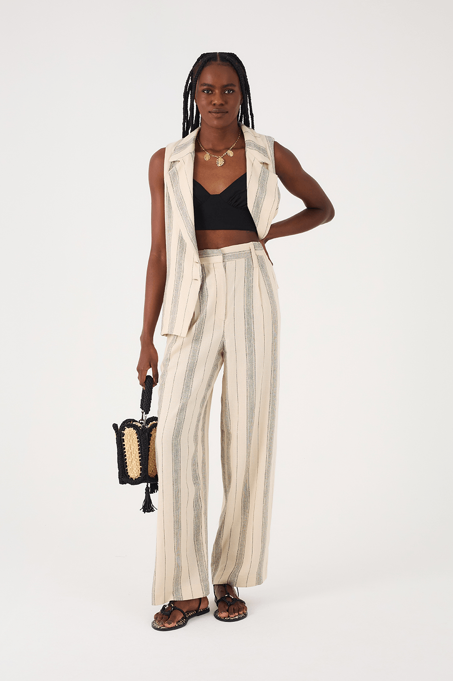 Sand Stripes Elastic Waist Side Pockets Linen Pants
