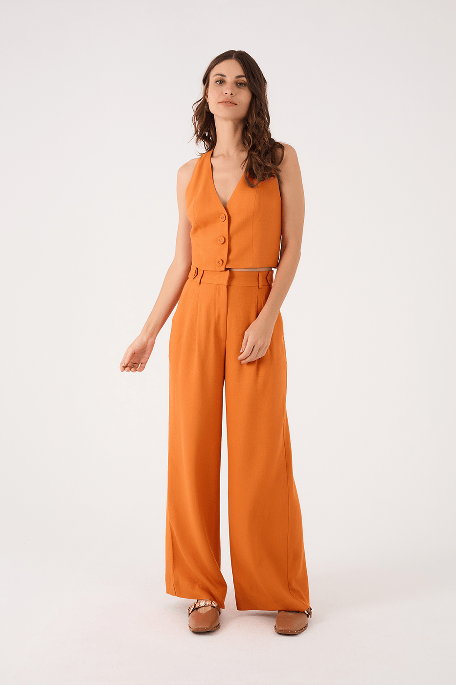 Orange Samba Buttoned Waist Side Pockets Tailored Pants