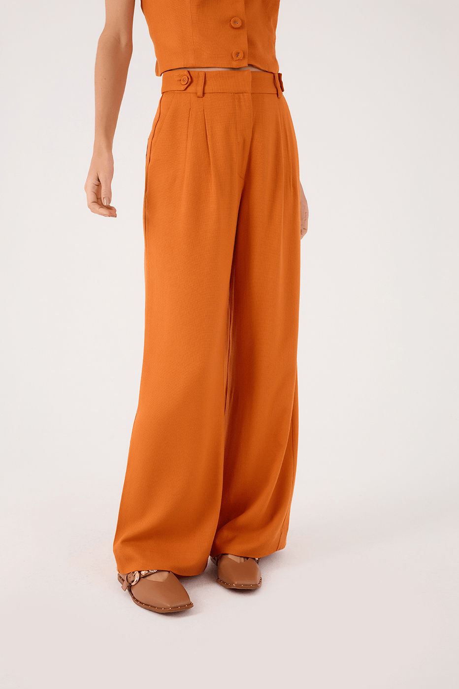 Orange Samba Buttoned Waist Side Pockets Tailored Pants