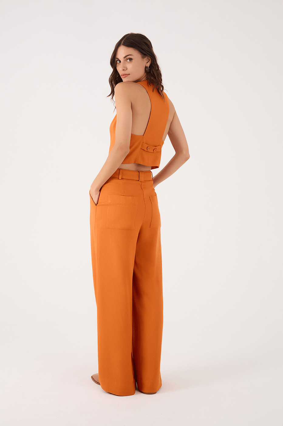 Orange Samba Buttoned Waist Side Pockets Tailored Pants