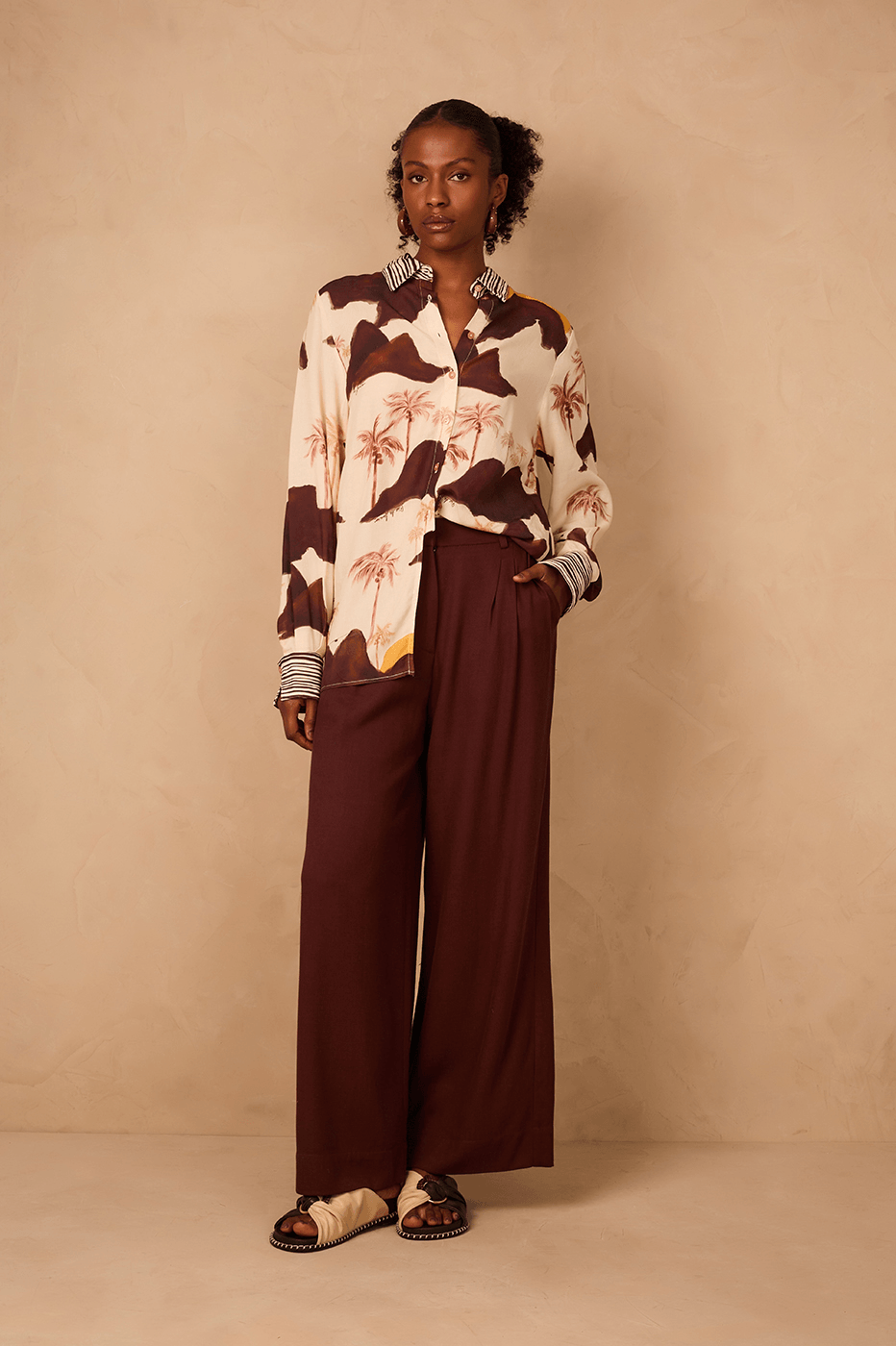 Brown Caffeine Buttoned Waist Side Pockets Tailored Pants