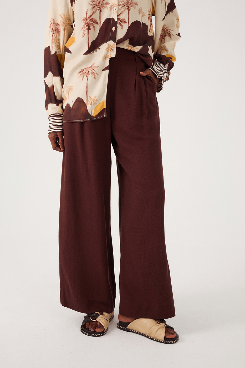 Brown Caffeine Buttoned Waist Side Pockets Tailored Pants