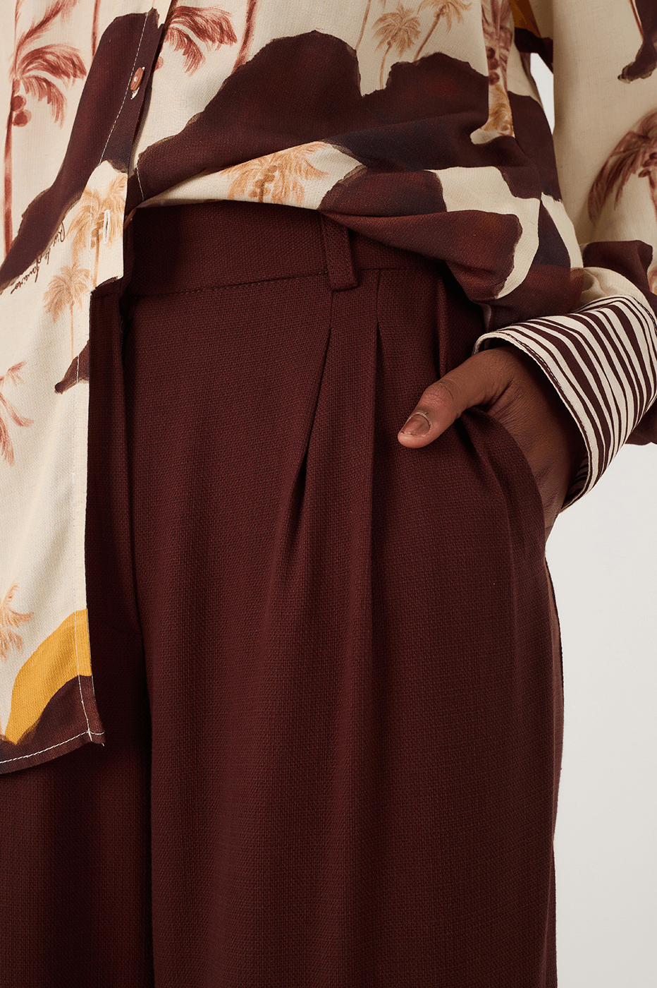Brown Caffeine Buttoned Waist Side Pockets Tailored Pants