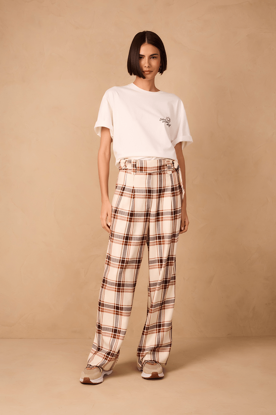 Brown Plaid Buckled Waist Side Pockets Pants