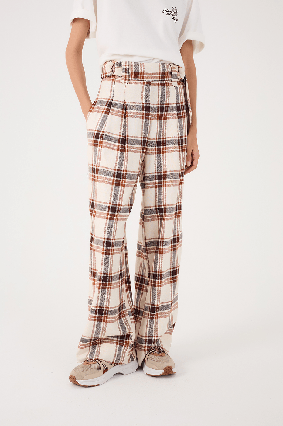 Brown Plaid Buckled Waist Side Pockets Pants