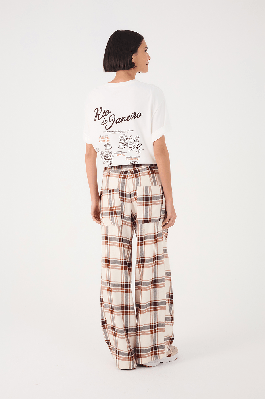 Brown Plaid Buckled Waist Side Pockets Pants