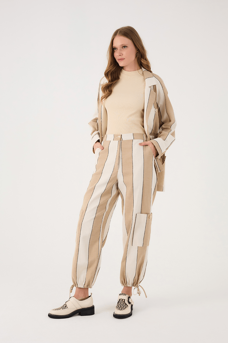 Beige Stripes Leg Pockets Tied Hem Tailored Pants
