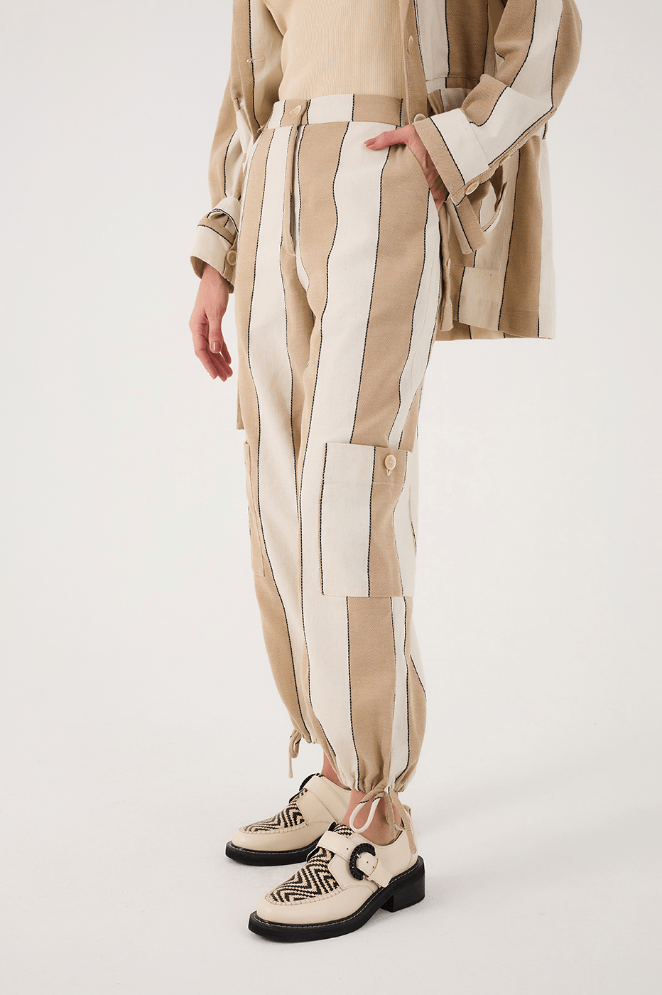 Beige Stripes Leg Pockets Tied Hem Tailored Pants