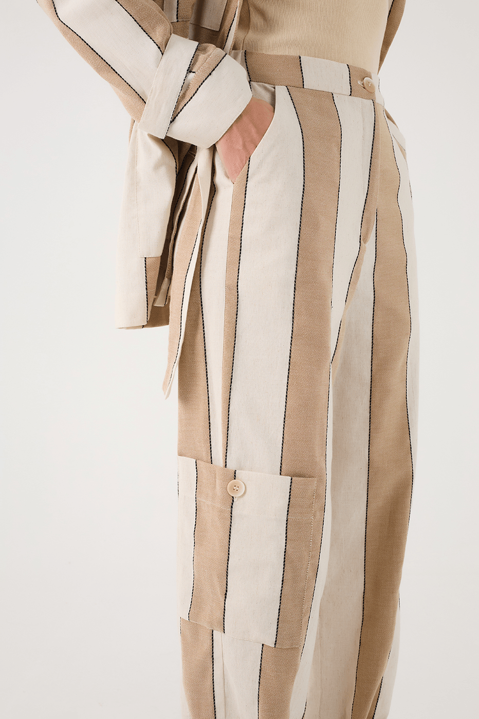 Beige Stripes Leg Pockets Tied Hem Tailored Pants