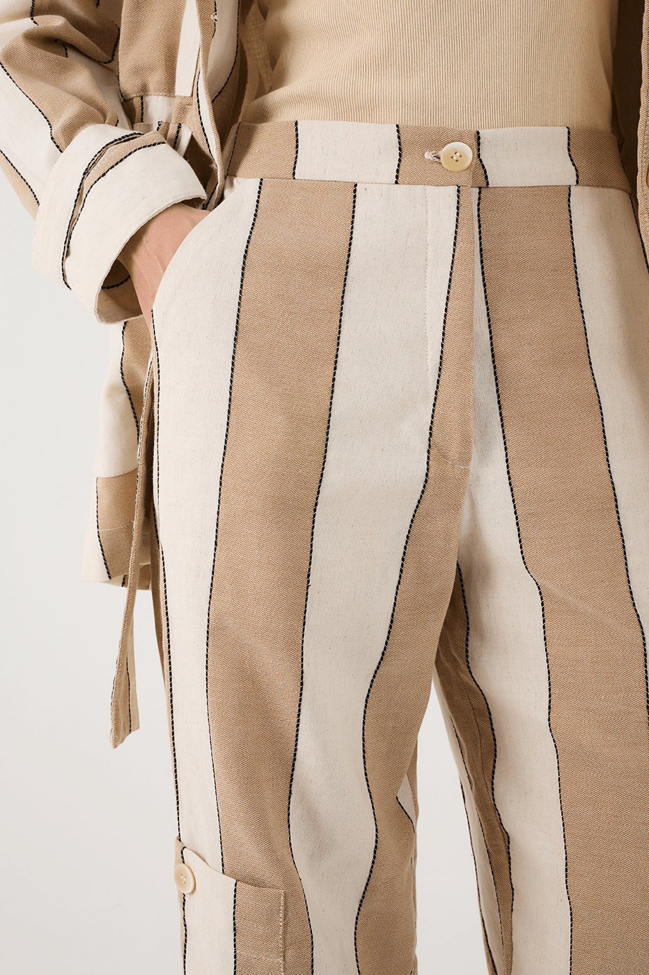 Beige Stripes Leg Pockets Tied Hem Tailored Pants