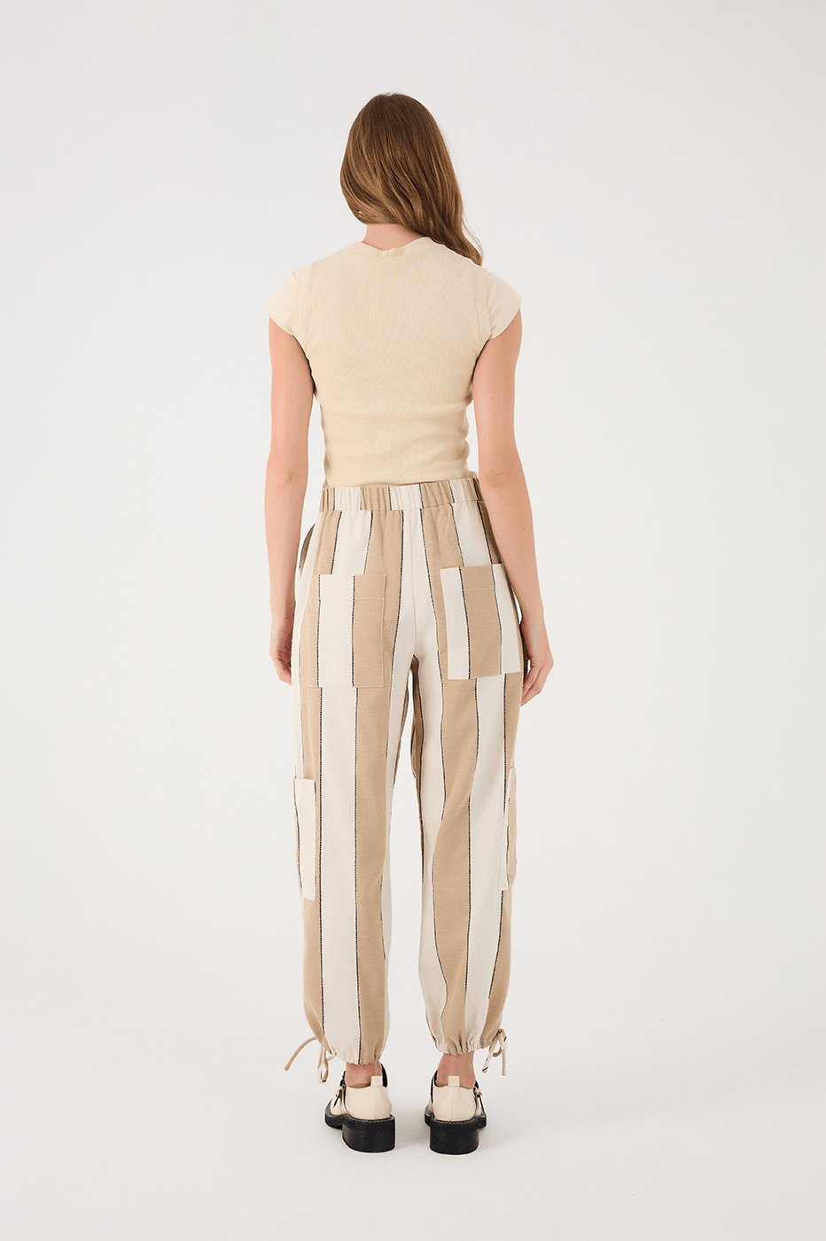 Beige Stripes Leg Pockets Tied Hem Tailored Pants