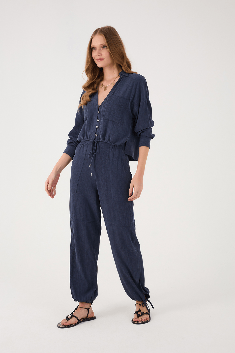 Indigo Blue Drawstring Waist Side Pockets Tied Hem Pants