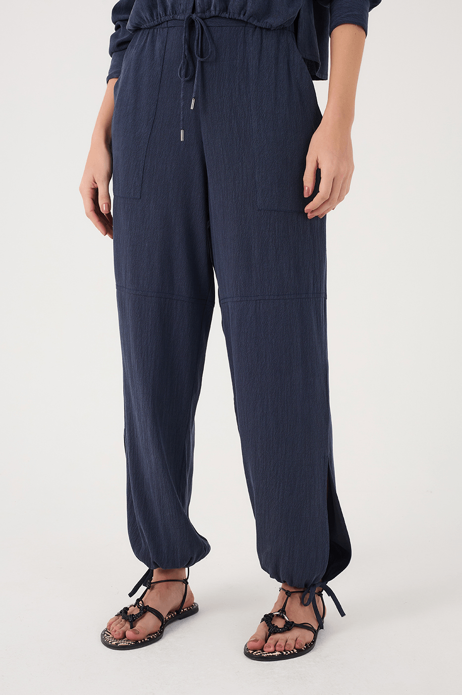 Indigo Blue Drawstring Waist Side Pockets Tied Hem Pants