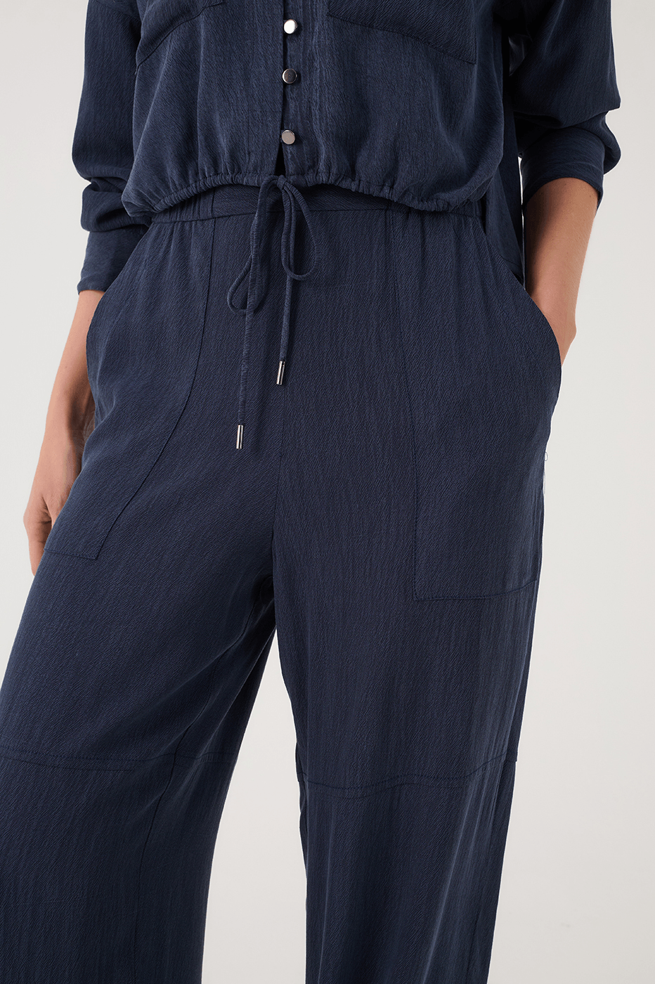 Indigo Blue Drawstring Waist Side Pockets Tied Hem Pants